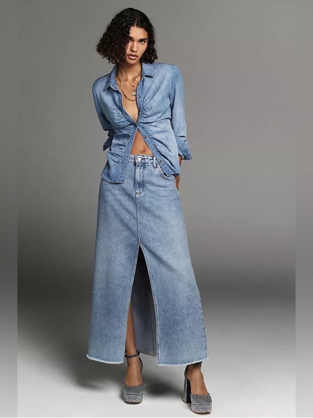 Pilcro Anthropologie Denim Maxi Skirt Front Slit Raw Hem Size 8 - Picture 1 of 5